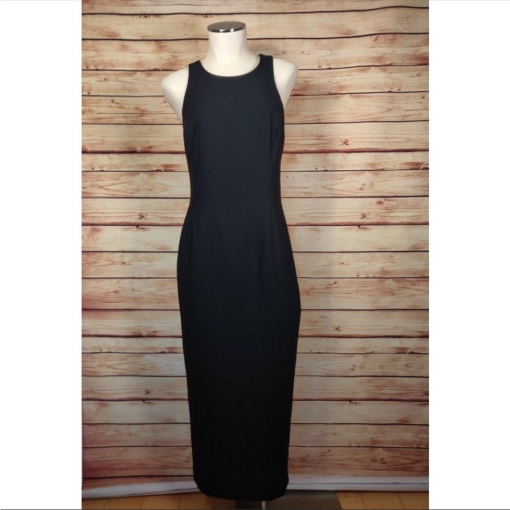Vintage Black Cross Back Crew Neck Sheath Dress